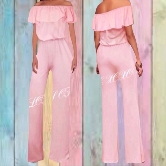 Pants - Pink Blush Off The Shoulders Elastic Waist Jumpsuit